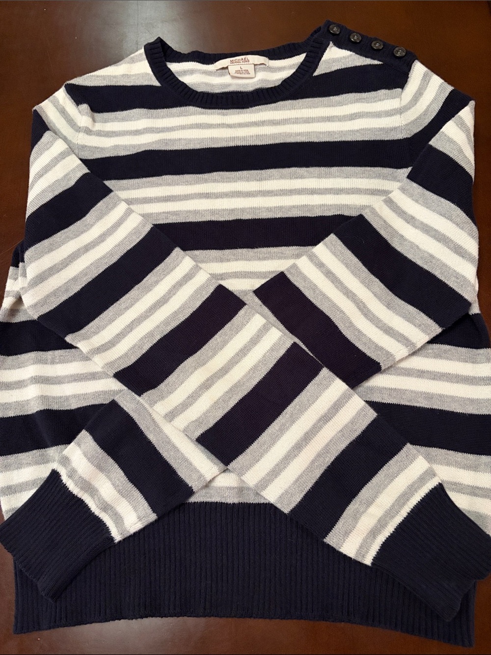 Michael Kors Navy, White and Gray Striped Crewneck Sweater with Shoulder Buttons